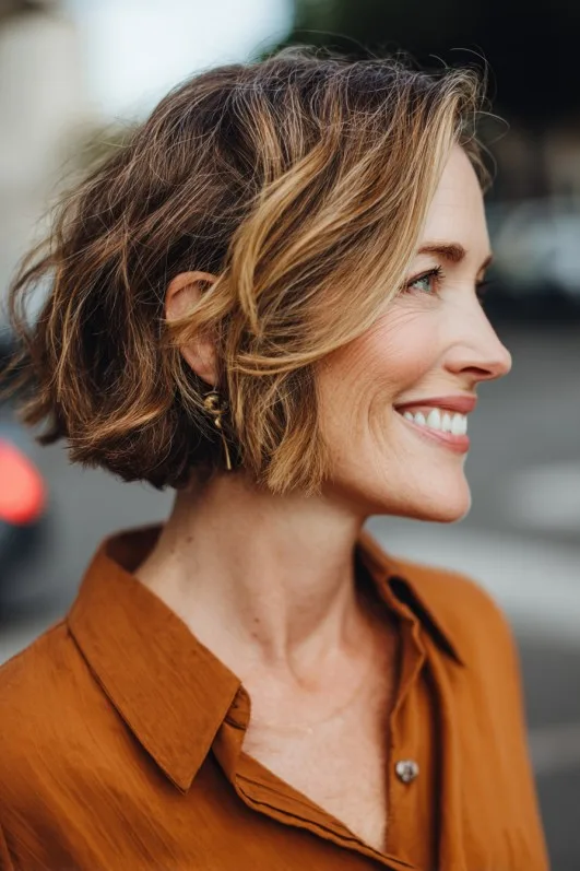 Warm Toned Textured Wedge Bob with Subtle Waves