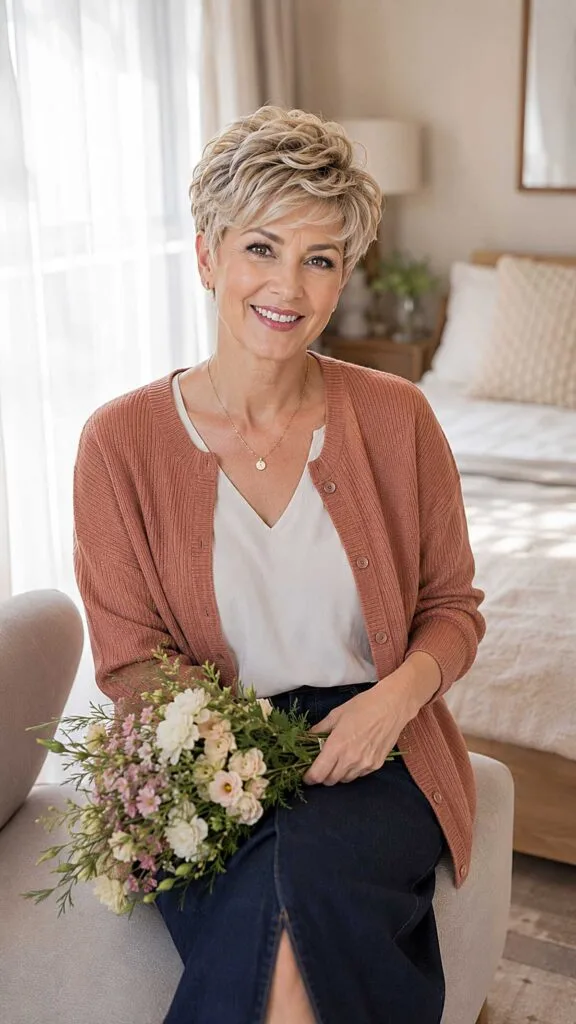 Wavy blonde pixie cut with soft romantic lift on top