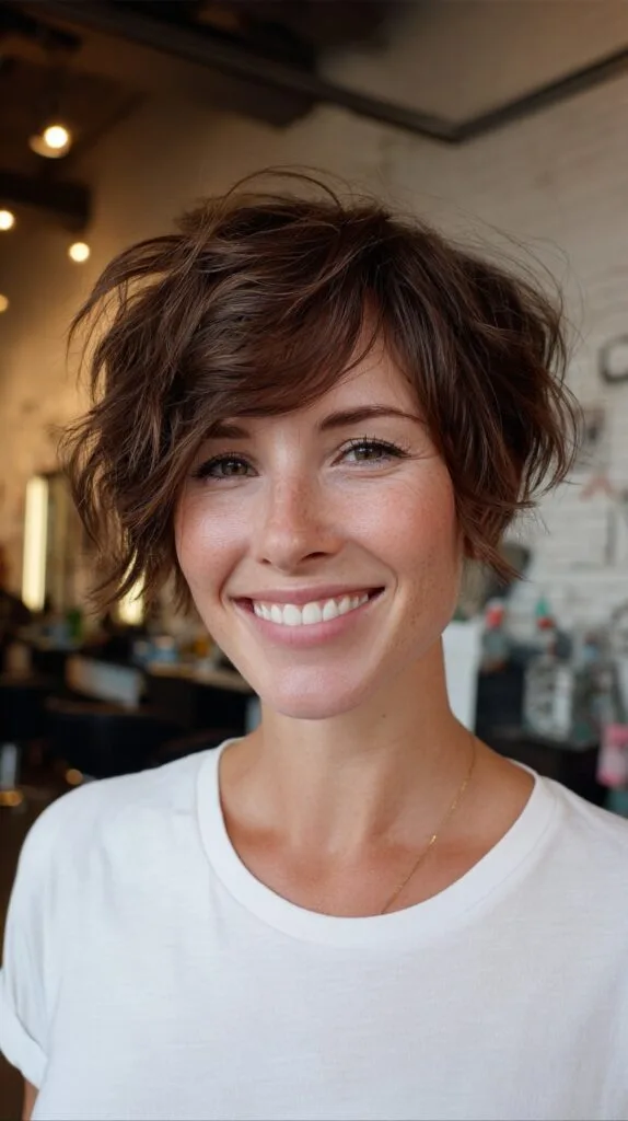 Whimsical Chestnut Tousled Bob with Defined Fringe